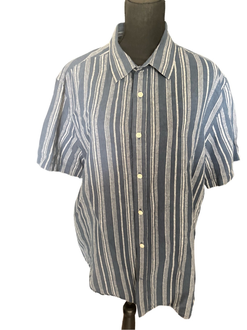 Men’s Banana Republic Blue and White Vertical Stripe Short Sleeve Button-Down